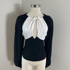 Staud Womens 12 Black White Long Sleeve Keyhole Front Blouse Shirt Tie Neck